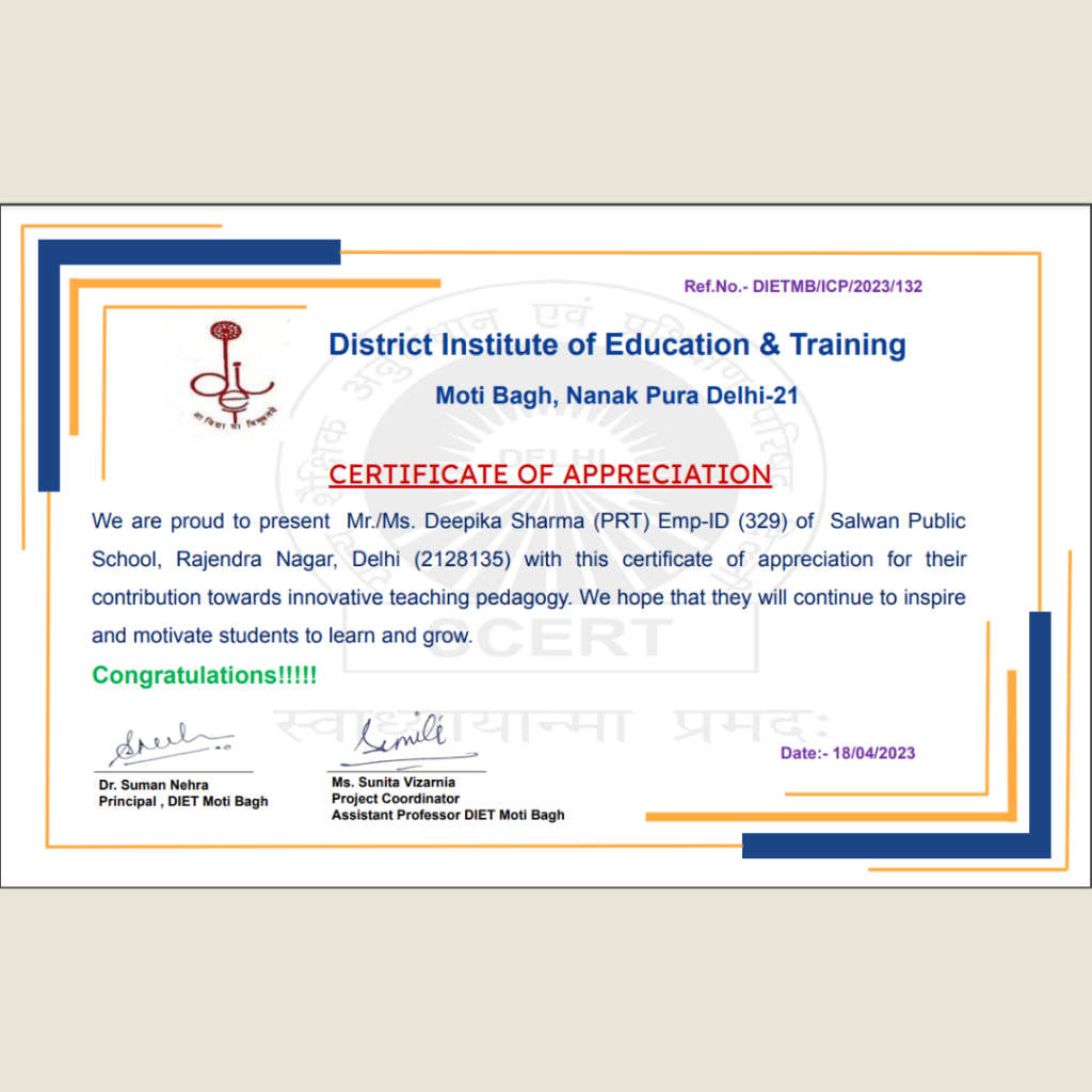 Faculty Accomplishment of Salwan Public School, Rajendra Nagar